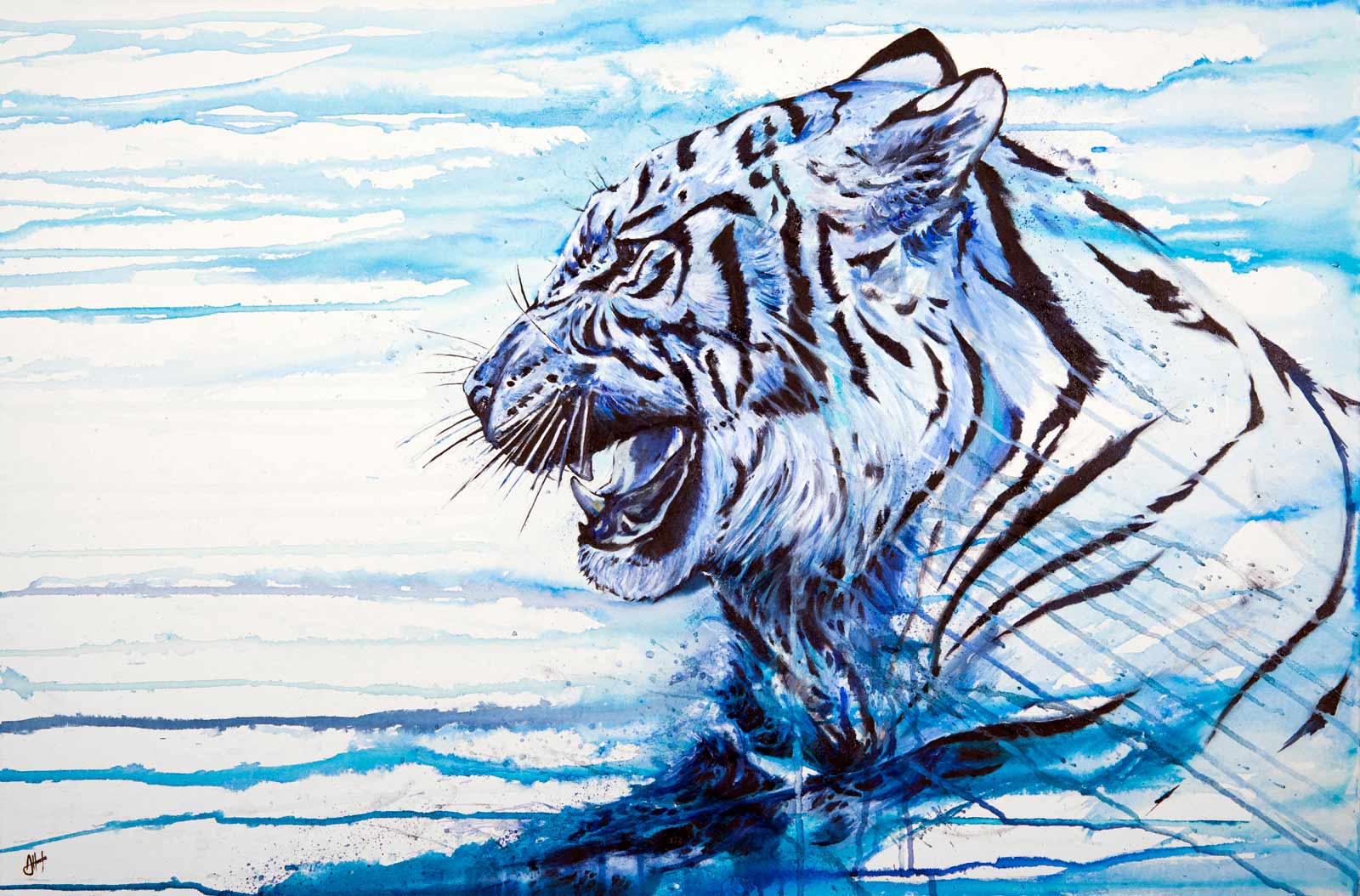 mixed media painting using ink watercolour and paint featuring a tiger by marc allante